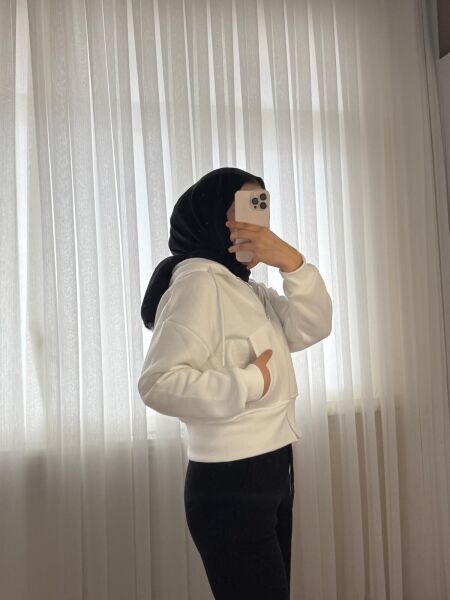 Oversize Kapşonlu Yarım Sweat Ekru - S