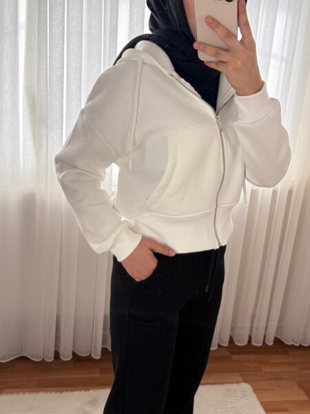 Oversize Kapşonlu Yarım Sweat Ekru - S