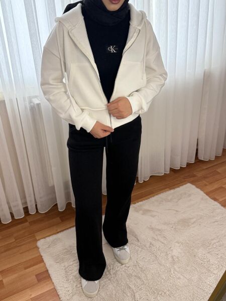 Oversize Kapşonlu Yarım Sweat Ekru - L