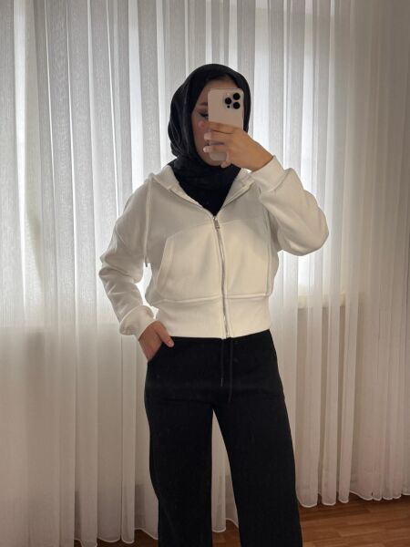 Oversize Kapşonlu Yarım Sweat Ekru - XL