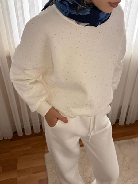 Serpme Taşlı Crop Bis Yaka Sweat M - Ekru